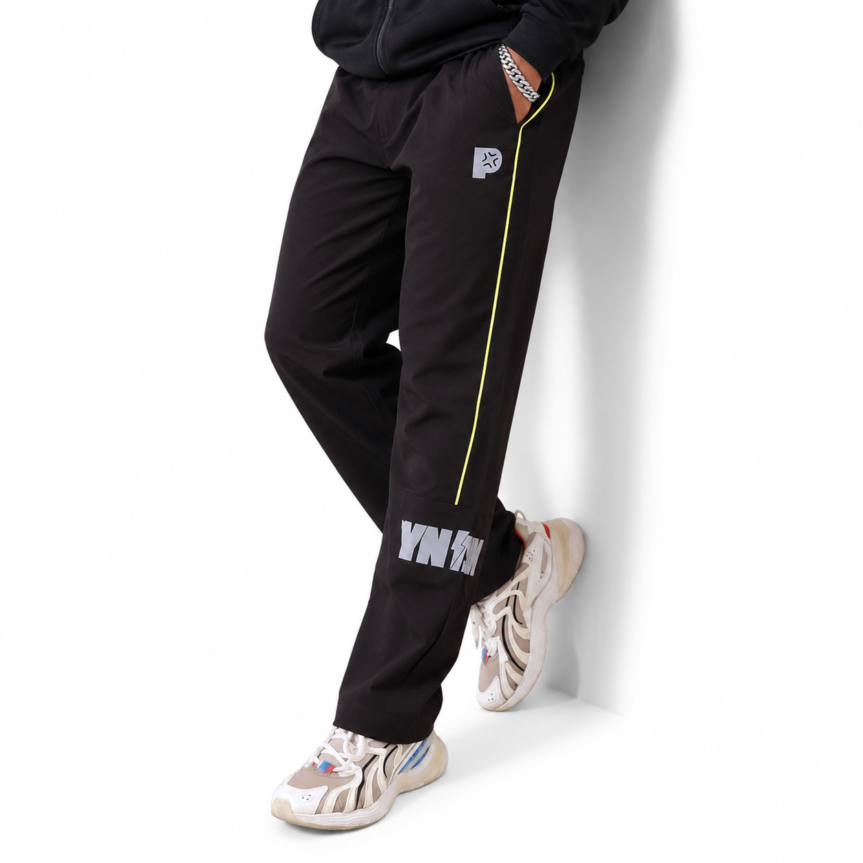 Pynak Track Pants Piping Edit Black - zipper and logo detail