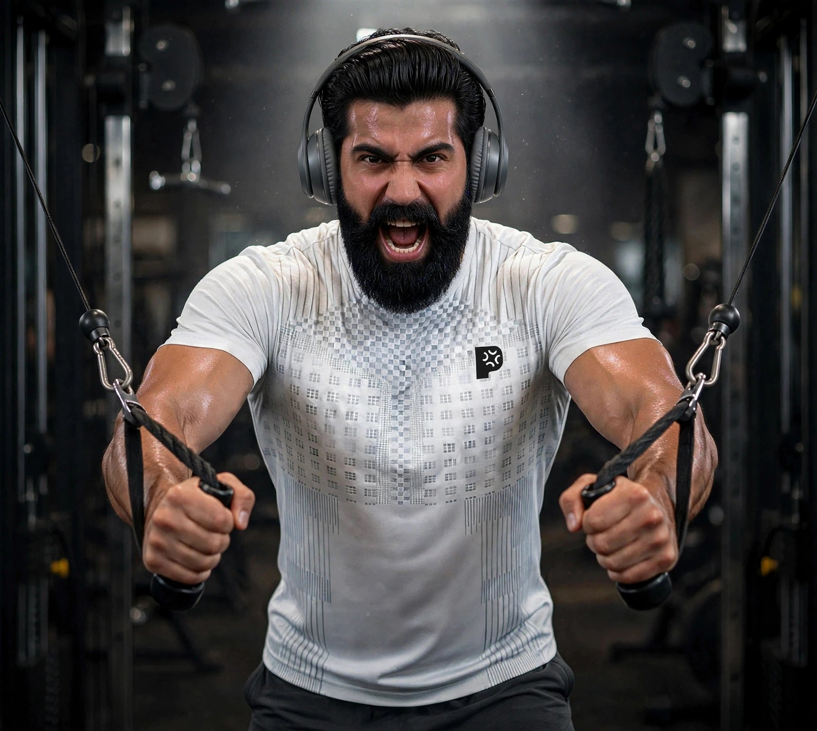 Man wearing Pynak Gym Partner Tee during an intense cable machine workout