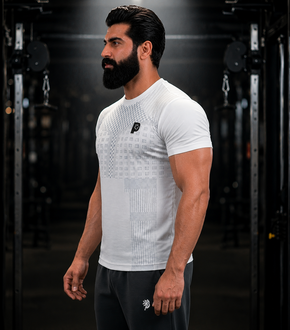 Pynak Gym Partner Tee - white workout t-shirt - 3/4 angle view showing athletic fit
