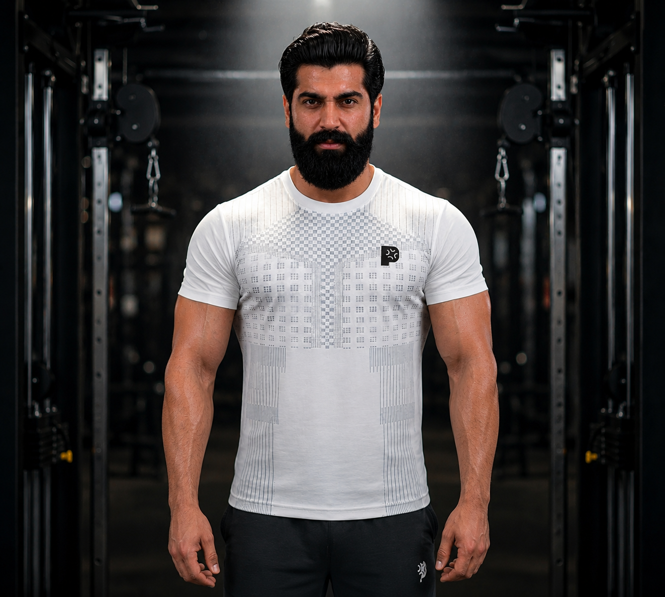 Pynak Gym Partner Tee - white gym t-shirt with geometric print - front view