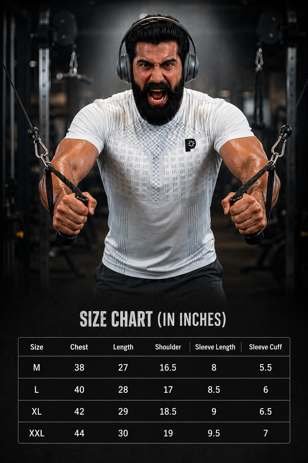 Pynak Gym Partner Tee size chart in inches for sizes M L XL and XXL